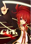  agi_(kankarado) character_name choker cul earrings highres jacket jewelry long_hair nail_polish navel pointing ponytail red_eyes red_hair redhead smile solo vocaloid 