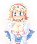  alice_margatroid arnest blonde_hair blue_eyes blush bra breasts bust cleavage collarbone face hairband lingerie open_clothes open_mouth open_shirt short_hair solo touhou underwear white_background 