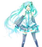  aqua_eyes aqua_hair detached_sleeves hatsune_miku long_hair mirin necktie open_mouth simple_background skirt solo sparkle thigh-highs thighhighs twintails very_long_hair vocaloid white_background 