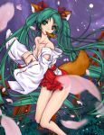  animal_ears bare_shoulders breasts cleavage collarbone fox_ears fox_tail full_moon green_eyes green_hair hakama_skirt hatsune_miku japanese_clothes legs long_hair miko moon mouth_hold necktie nick_nihura off_shoulder paw_pose petals solo tail twintails very_long_hair vocaloid 