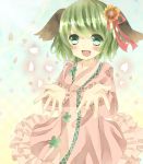  animal_ears bad_id blush dress flower green_eyes green_hair hair_flower hair_ornament kasodani_kyouko open_mouth petals pink_dress senju_(uroakono) short_hair smile solo touhou 