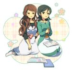  brown_eyes brown_hair cardigan green_eyes green_hair inazuma_eleven inazuma_eleven_(series) inazuma_eleven_go kino_aki long_hair multiple_girls open_mouth pants raimon_natsumi rinran short_hair sitting skirt smile yuri 