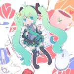  :q computer_mouse cup detached_sleeves green_eyes green_hair hatsune_miku headset long_hair monitor mug necktie pen pigeon-toed pointing skirt smile solo spring_onion tedamarutarou thigh-highs thighhighs tongue twintails very_long_hair vocaloid 