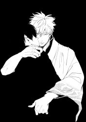  2boys arm_around_shoulder arm_around_waist black_background closed_mouth commentary_request ghqjyu gintama greyscale highres hijikata_toushirou japanese_clothes layered_clothes long_sleeves looking_ahead male_focus monochrome multiple_boys red_eyes sakata_gintoki short_hair simple_background spot_color wide_sleeves 