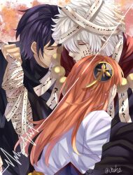  1girl 2boys aged_up bandaged_hand bandaged_head bandages black_hair bun_cover closed_eyes commentary_request gintama gintama_movie_2:_yorozuya_yo_eien_nare glasses hair_bun highres hug japanese_clothes kagura_(gintama) long_hair multiple_boys official_alternate_costume orange_hair oukasakata red_scarf sakata_gintoki scarf shimura_shinpachi short_hair signature white_hair 