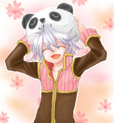  1boy brown_coat closed_eyes coat commentary_request hands_on_headwear haruhana1104 lowres male_focus multicolored_coat open_mouth panda_hat pink_coat priest_(ragnarok_online) ragnarok_online short_hair smile solo two-tone_coat upper_body white_hair 