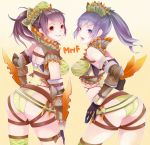  abiorugu_(armor) ass bare_shoulders black_gloves breasts brown_eyes brown_hair gloves long_hair looking_back monster_hunter monster_hunter_frontier multiple_girls ponytail purple_eyes purple_hair settyaro spikes vambraces violet_eyes 