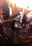 1girl arm_cannon arm_up bow brown_hair cape hair_bow kikugetsu long_hair looking_at_viewer red_eyes reiuji_utsuho skirt smile solo thigh-highs touhou weapon wings 