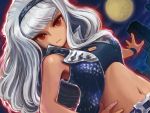  aura belt breasts city cleavage cleavage_cutout cool_&amp;_sexy_(idolmaster) crop_top full_moon hairband hand_on_hip hips idolmaster looking_at_viewer midriff moon navel night night_sky red_eyes shijou_takane silver_hair sky solo tanigawa_hiroshi vest 