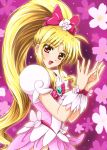  blonde_hair cosplay cure_blossom cure_blossom_(cosplay) diesel-turbo fate_testarossa female floral_background heartcatch_precure! high_ponytail long_hair lyrical_nanoha mahou_shoujo_lyrical_nanoha mizuki_nana pink pink_background ponytail precure pretty_cure red_eyes seiyuu_connection skirt solo wrist_cuffs 