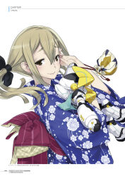  1girl back_bow bag blonde_hair blue_kimono blush bow brown_eyes check_clothing clothing_request floral_print floral_print_kimono floral_print_sleeves fukuda_tomonori hair_between_eyes hair_bow hair_ribbon highres holding holding_bag japanese_clothes kimono kinchaku koujiro_frau long_hair looking_at_viewer multiple_hair_bows obi obijime official_art pouch print_kimono ribbon robotics;notes sash sidelocks simple_background smile solo striped_bow toy toy_robot twintails white_background 