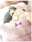  age_difference bed bed_sheet black_hair closed_eyes emiya_kiritsugu eyes_closed facial_hair family fate/zero fate_(series) father_and_daughter hand_holding holding_hands husband_and_wife illyasviel_von_einzbern irisviel_von_einzbern long_sleeves lying mother_and_daughter multiple_girls on_bed shared_blanket silver_hair sleeping smile stubble under_covers velvelumpileuspil 