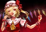  arm_up ascot blonde_hair bust dress fangs flandre_scarlet hand_in_hair hat hat_ribbon katerine9 kurosaki_saori open_mouth outstretched_arm petals red_dress red_eyes ribbon ribbon_choker side_ponytail slit_pupils solo the_embodiment_of_scarlet_devil touhou wings wrist_cuffs wrist_ribbon 