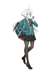  1girl ahoge bag black_pantyhose black_shoes black_skirt blazer cardigan cellphone closed_mouth collared_shirt commentary_request front-seamed_legwear frown full_body green_cardigan green_jacket grey_eyes gundam gundam_suisei_no_majo gundam_suisei_no_majo:_seishun_frontier hair_between_eyes hand_in_pocket highres holding holding_phone jacket jitome lapels loafers long_hair long_sleeves looking_at_viewer manbou_no_ane miorine_rembran necktie notched_lapels official_art open_clothes open_jacket pantyhose phone plaid_clothes plaid_skirt pleated_skirt red_necktie school_bag school_uniform seamed_legwear second-party_source shirt shoes shoulder_bag simple_background skirt smartphone solo standing white_background white_hair white_shirt wing_collar 
