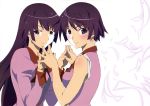  alternate_hair_length alternate_hairstyle bakemonogatari blue_eyes breast_press breasts dual_persona highres long_hair looking_at_viewer monogatari_(series) nisemonogatari official_art purple_hair school_uniform senjougahara_hitagi short_hair symmetrical_docking very_long_hair watanabe_akio yuri 