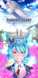  2girls absurdres animal_ears black_pantyhose blue_eyes blue_hairband blue_pants blue_sailor_collar blue_shorts blue_sky blurry blurry_foreground bob_cut braid brown_eyes clenched_hand closed_mouth clouds cloudy_sky commentary_request commission copyright_name crown_braid day depth_of_field ear_ornament ear_ribbon english_commentary english_text folded_ponytail fujimasa_march_(umamusume) fuugetsu_makoto grey_hair gym_shirt gym_shorts hair_ornament hairband handshake highres horse_ears horse_girl horse_tail kasamatsu_tracen_training_uniform long_hair long_sleeves looking_at_another looking_at_viewer looking_to_the_side mixed-language_commentary multiple_girls multiple_views oguri_cap_(umamusume) outdoors pants pantyhose pantyhose_under_shorts ponytail race_bib racetrack sailor_collar shirt shoes short_hair short_sleeves shorts skeb_commission sky smile t-shirt tail track_pants umamusume umamusume:_cinderella_gray white_shirt white_shoes 