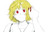  blonde_hair face hair_ribbon hands looking_at_viewer monochrome portrait pov red_eyes ribbon rumia short_hair simple_background solo spot_color takeuma the_embodiment_of_scarlet_devil touhou youkai 