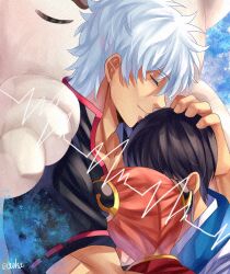  1girl 2boys black_hair black_shirt bun_cover closed_eyes closed_mouth commentary commentary_request dog double_bun gintama hair_bun hand_on_another's_head high_collar highres hug japanese_clothes kagura_(gintama) multiple_boys orange_hair oukasakata sadaharu sakata_gintoki shimura_shinpachi shirt short_hair short_sleeves smile white_fur white_hair 