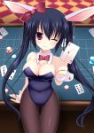  agekichi_(heart_shape) animal_ears black_hair blush bow bowtie breasts bunny_ears bunnysuit card cleavage detached_collar holding holding_card long_hair looking_at_viewer original pantyhose playing_card poker_chips purple_eyes red_eyes smile solo twintails violet_eyes wink wrist_cuffs 