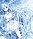 blue blue_eyes flower koto2 long_hair lying monochrome original solo very_long_hair water white_hair 
