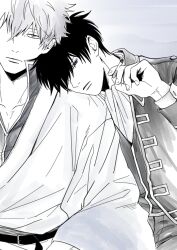 2boys absurdres arm_up ascot belt belt_buckle blue_eyes buckle cigarette closed_mouth collarbone collared_jacket collared_shirt commentary_request crossed_bangs fingernails ghqjyu gintama greyscale hadanugi_dousa hair_between_eyes head_on_another's_shoulder head_rest highres hijikata_toushirou holding holding_cigarette jacket japanese_clothes kimono layered_sleeves long_sleeves looking_at_viewer looking_to_the_side male_focus monochrome multiple_boys pants popped_collar red_eyes sakata_gintoki shirt short_hair sideways_glance spot_color wide_sleeves wing_collar yukata 