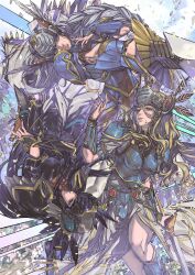  3girls armor armored_dress black_armor black_hair blonde_hair blue_armor blue_eyes braid breastplate breasts closed_mouth commentary_request dress feathers grey_hair helmet highres hrist_valkyrie kazama_raita lenneth_valkyrie lips long_hair low-tied_long_hair multiple_girls parted_lips shoulder_armor siblings silmeria_valkyrie sisters valkyrie valkyrie_profile_(series) very_long_hair winged_helmet 