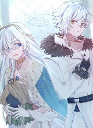  1boy 1girl absurdres anastasia_(fate) belt black_belt black_gloves blue_cape blue_eyes buttons cape cloak commentary_request crown doll dress fate/grand_order fate_(series) fur-trimmed_jacket fur_trim gloves gold_crown gold_headband green_cloak hands_on_own_chest highres hugging_doll hugging_object jacket jewelry kadoc_zemlupus kuritiizu long_hair long_sleeves looking_at_another open_mouth orange_eyes outdoors short_hair short_twintails smile twintails white_dress white_hair white_jacket 
