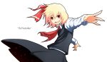 blonde_hair fang hair_ribbon highres open_mouth outstretched_arms red_eyes ribbon rumia short_hair simple_background skirt skirt_set solo sukoburu_maeda the_embodiment_of_scarlet_devil touhou youkai 