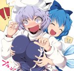  2girls ^_^ blue_hair blush bow breast_grab breasts cirno closed_eyes eyes_closed hair_bow hat huge_breasts letty_whiterock multiple_girls open_mouth purple_eyes short_hair surprised touhou violet_eyes xjr1250 