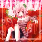  food fruit hair_ornament original personification pink_eyes pink_hair potten sitting skirt solo strawberry striped 