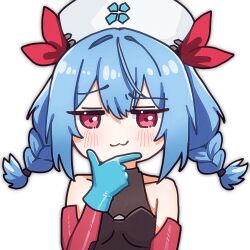1girl :3 alpha_transparency blue_gloves blue_hair blush braid chibi colphne_(girls'_frontline_2) colphne_(silent_heart)_(girls'_frontline_2) commentary english_commentary girls'_frontline_2:_exilium girls_frontline gloves hat looking_at_viewer medium_hair nurse_cap official_alternate_costume outline red_eyes rishe_(reeeeshe) simple_background solo twin_braids twintails upper_body white_outline