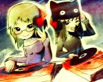  :d ;d artist_name beanie black_eyes black_hair blonde_hair dj glasses hat headphones highres jewelry mike_inel multiple_girls necklace open_mouth original phonograph record smile turntable wink 