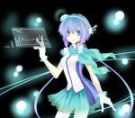  aoki_lapis bad_id blue_eyes blue_hair blurry bokeh depth_of_field diamond gloves hairband headset highres hinappai_(worksp) light_particles long_hair scarf skirt smile solo tourmaline twintails vocaloid white_gloves worksp 