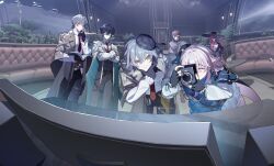 3boys 3girls absurdres alternate_costume beret black_legwear black_sleeves book brown_hair caelus_(honkai:_star_rail) camera coat coat_on_shoulders couch dan_heng_(honkai:_star_rail) eyes_closed fingerless_gloves glasses gloves grey_hair hair_between_eyes hair_ornament hand_on_own_chin hat highres himeko_(honkai:_star_rail) holding_book honkai:_star_rail honkai_(series) large_hat layered_skirt leaning_forward long_hair long_sleeves looking_at_viewer march_7th_(honkai:_star_rail) necktie open_book pink_hair plant polaroid polaroid_camera qian_qian_qian red_hair ribbon short_hair stelle_(honkai:_star_rail) taking_picture thinking trailblazer_(honkai:_star_rail) vest welt_yang white_shirt wide_brim yellow_eyes