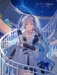  1girl absurdres black_gloves blue_eyes blue_flower blue_hair chinese_commentary dress fingerless_gloves flower girls&#039;_frontline_neural_cloud girls_frontline gloves grey_hair highres hubble_(neural_cloud) jewelry necklace observatory rhachen sky solo stairs telescope twitter watermark weibo_username weibo_watermark 
