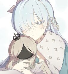  1girl anastasia_(fate) blue_cloak cloak fate/grand_order fate_(series) gold_hairband grey_eyes grey_hair hair_over_one_eye hairband hugging_doll hugging_object long_hair portrait smile xrds2588 
