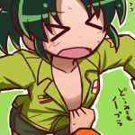  &gt;_&lt; green_hair ikkyuu midorikawa_nao open_mouth outline precure shirt_pull smile_precure! solo sweat translated translation_request 
