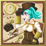  alternate_costume arm_up backpack bag blue_eyes blue_hair breasts frame gears gloves hair_bobbles hair_ornament hat holding holding_hat inkwell kawashiro_nitori key long_sleeves looking_away lowres mizusuke open_mouth pen pixel_art pocket_watch randoseru short_hair solo steampunk top_hat touhou twintails watch 