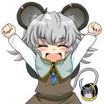  &gt;_&lt; animal_ears arms_up baseball_cap basket blush capelet closed_eyes eyes_closed gem grey_hair hat ishikkoro jewelry mouse mouse_ears mouse_tail nazrin necklace open_mouth pendant shirt short_hair skirt skirt_set smile solo tail tail_hold touhou vest 
