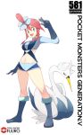  1girl absurdres blue_eyes boots character_name fuuro_(pokemon) gloves hair_ornament highres knee_boots looking_at_viewer midriff navel number pokemon pokemon_(creature) pokemon_(game) pokemon_bw red_hair redhead short_shorts shorts simple_background smile souji standing swanna title_drop white_background 