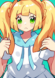  1girl :&lt; alternate_hairstyle anidler91 blonde_hair blue_background closed_mouth eyelashes green_eyes highres lillie_(pokemon) long_hair looking_at_viewer pokemon pokemon_sm shirt short_sleeves solo twintails upper_body white_shirt 