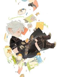  1boy black_gloves black_shirt black_shorts commission dolphin english_text final_fantasy final_fantasy_xiv fingerless_gloves full_body gloves grey_hair highres koubayouniao male_focus moogle open_mouth original sabotender scissors shirt shorts smile solo white_background yellow_eyes 