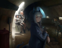  4girls absurdres animal_ears arknights black_socks blonde_hair blue_hair blue_horns brown_hair cat_ears cat_tail dragon_horns dragon_tail drum_(container) english_commentary fox_ears fox_tail franka_(arknights) green_eyes gun headset high_heels highres holding holding_gun holding_weapon horns jessica_(arknights) knee_pads liskarm_(arknights) multiple_girls open_mouth orange_eyes pointy_ears rappelling sewer single_knee_pad skirt socks sword tail twckb vanilla_(arknights) weapon 