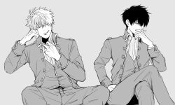  arm_up ascot cigarette collared_jacket commentary_request crossed_legs feet_out_of_frame ghqjyu gintama grey_background greyscale hair_over_one_eye hand_in_pocket head_rest hijikata_toushirou holding holding_cigarette jacket layered_sleeves looking_ahead looking_at_viewer monochrome one_eye_covered pants parted_bangs sakata_gintoki shinsengumi short_hair side-by-side simple_background sitting sleeve_cuffs smoking vest wing_collar 