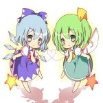  ascot blue_eyes blue_hair bow chibi cirno daiyousei dress green_eyes green_hair hair_bow hair_ribbon heart holding ice ice_wings multiple_girls red_string ribbon smile star string takahasiy touhou wand wings 