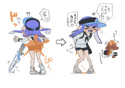  !? 1boy 1girl ^^^ anger_vein angry arms_behind_back arrow_(symbol) before_and_after black_neckerchief black_sailor_collar black_shorts black_visor blue_hair blue_visor blunt_bangs blunt_ends blunt_sidelocks blush chibi chibi_inset closed_eyes collared_shirt colored_tongue commentary_request coula_cat dark-skinned_male dark_skin dolphin_shorts dot_nose dripping dropping eyebrows_hidden_by_hair fangs from_behind full_body grey_eyes gun hands_on_own_ass hat highres holding holding_gun holding_weapon ink ink_tank_(splatoon) inkling inkling_girl inkling_player_character laughing leaning_forward long_hair long_sidelocks long_sleeves mohawk multiple_views narrowed_eyes neckerchief octoling octoling_boy octoling_player_character open_mouth orange_hair paint_splatter pointy_ears prank range_blaster_(splatoon) sailor_collar sandals shirt shorts shouting sidelocks simple_background solo_focus speech_bubble splatoon_(series) spoken_anger_vein squiffer_(splatoon) suction_cups surprised sweatdrop teasing tentacle_hair three_quarter_view translation_request two-tone_hat visor_cap weapon wet white_background white_sandals white_shirt 