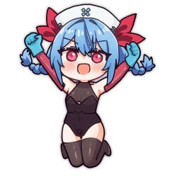  1girl alpha_transparency black_leotard black_thighhighs blue_gloves blue_hair blush braid breasts chibi colphne_(girls'_frontline_2) colphne_(silent_heart)_(girls'_frontline_2) commentary english_commentary full_body girls'_frontline_2:_exilium girls_frontline gloves hat legs_up leotard looking_at_viewer medium_breasts nurse_cap open_mouth red_eyes rishe_(reeeeshe) simple_background smile solo thigh-highs twin_braids 