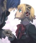  android arisato_minato blonde_hair blue_eyes blue_hair bow closed_eyes cyborg eyes_closed hand_holding headphones holding_hands lizzydom persona persona_3 ribbon school_uniform 