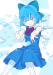  bad_id bow cirno grin heart ice looking_at_viewer nosuku smile solo symbol-shaped_pupils thigh-highs thighhighs touhou vertical-striped_legwear vertical_stripes wings 