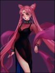  adult bad_id bishoujo_senshi_sailor_moon black_lady chibi_usa choker crescent double_bun dress earrings facial_mark forehead_mark jewelry long_hair pink_eyes pink_hair purple_background sash side_slit solo twintails zihling 